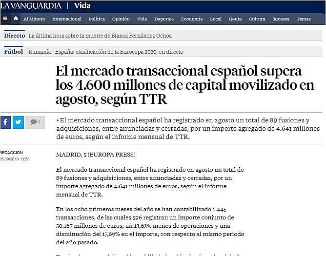 El mercado transaccional espaol supera los 4.600 millones de capital movilizado en agosto, segn TTR